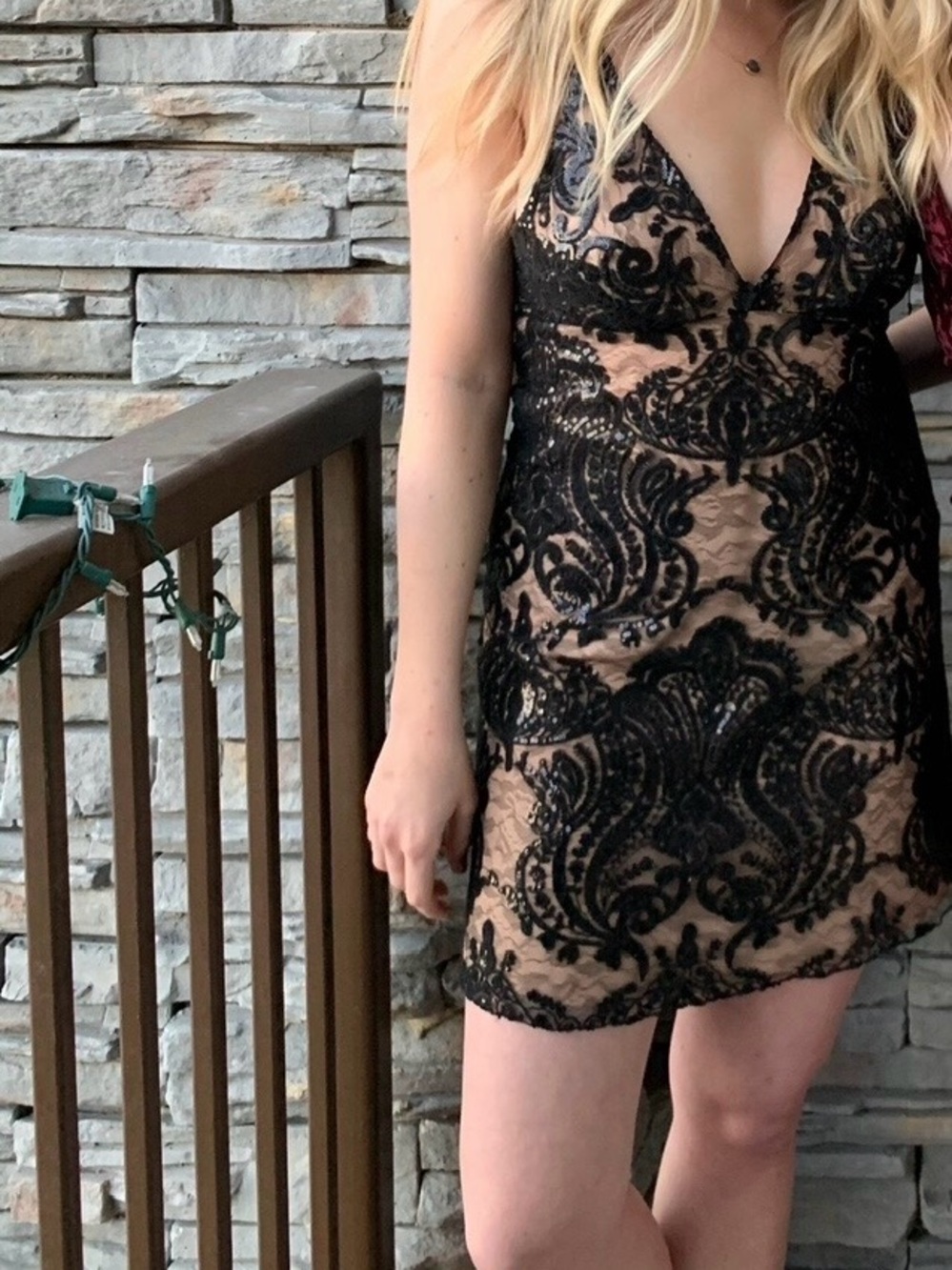 Free People Black Lace Mini Dress with Nude Underlay